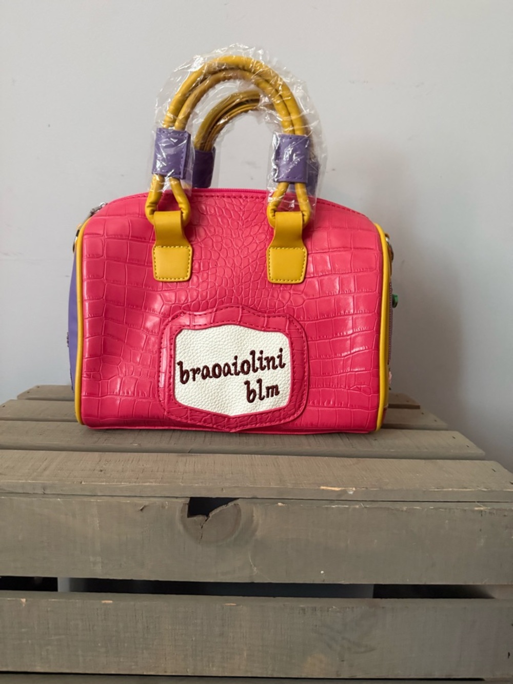 Colorful Appliqué Satchel with Yellow & Purple Accents - Picture 2 of 6